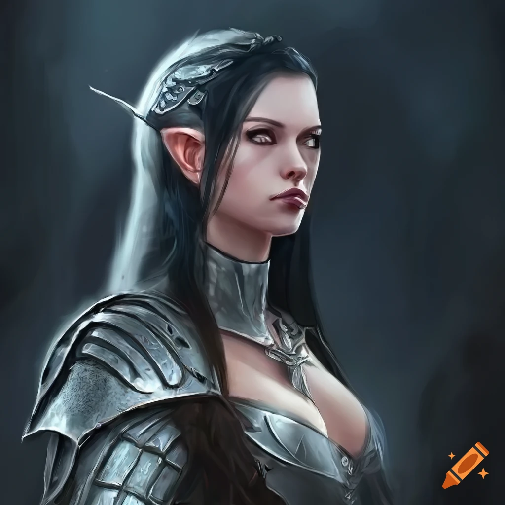 Portrait of a female elven warrior in silver armor on Craiyon
