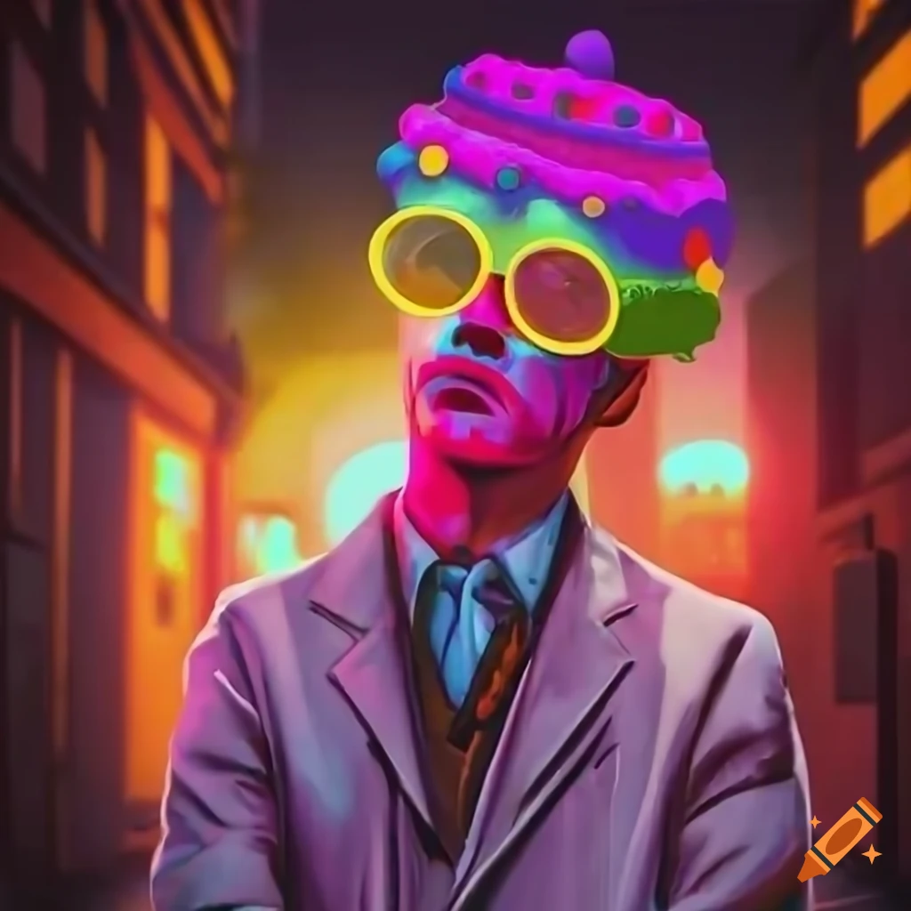 Young adult detective inspector pastel in cyberpunk style with a cake