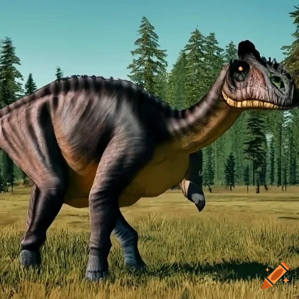 Scientifically accurate Hadrosaurus with Bongo antelope color pattern and elephant-like skin texture in warm morning light