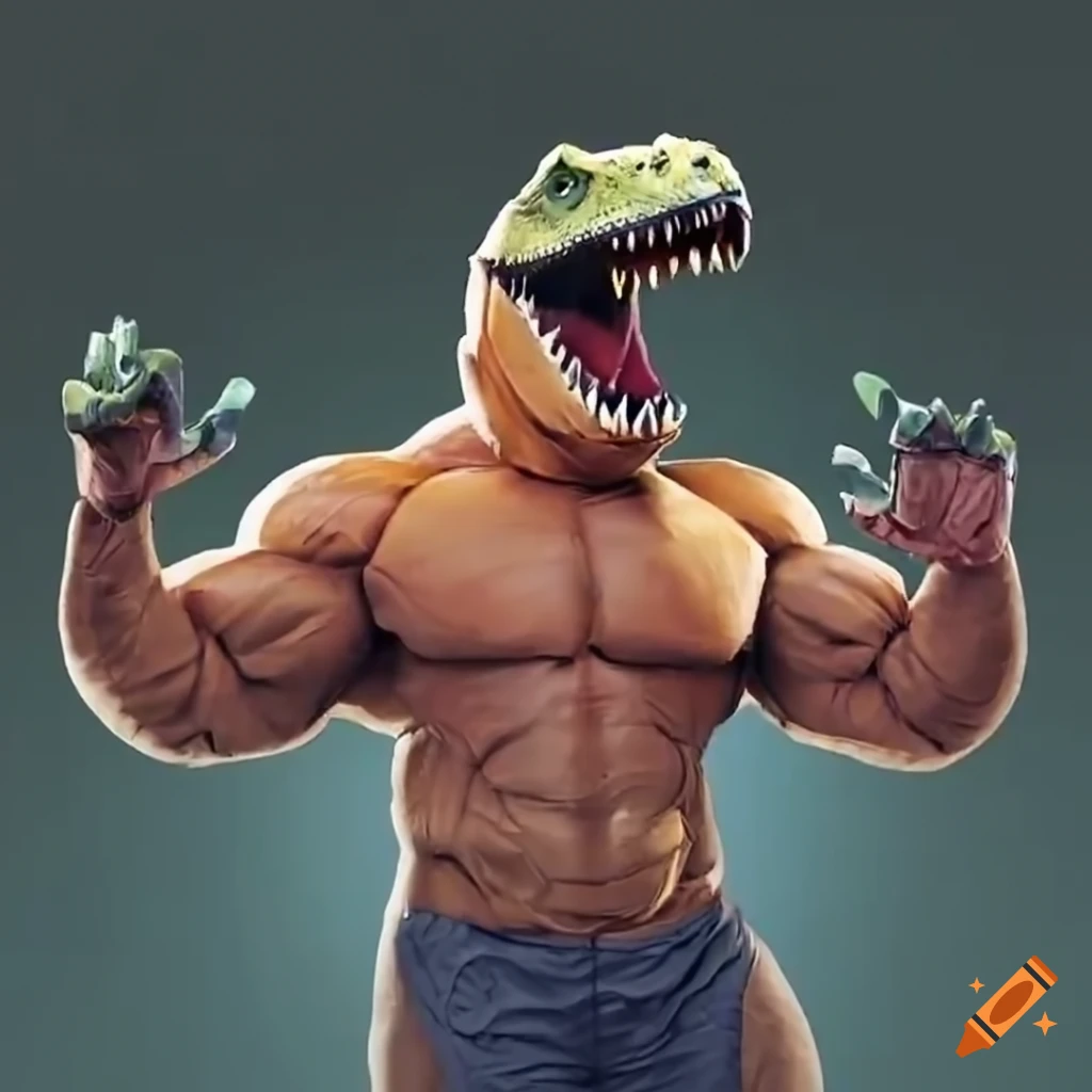 Athletic man wearing a full T-Rex costume