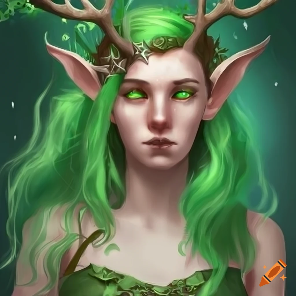 Curious elf druid with green hair, antlers, and golden eyes on Craiyon