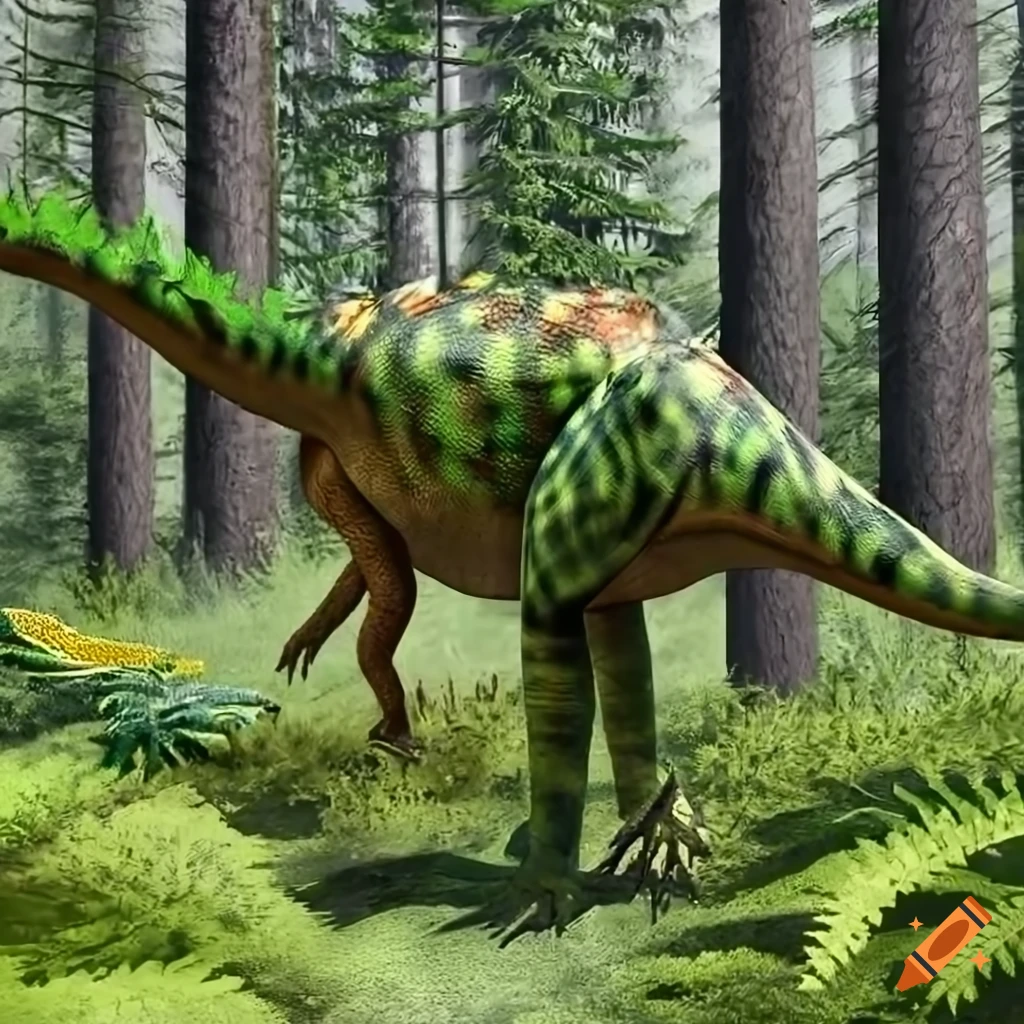 Duckbilled hadrosaur dinosaur with lizard-like color pattern and elephant-like skin texture in warm morning light