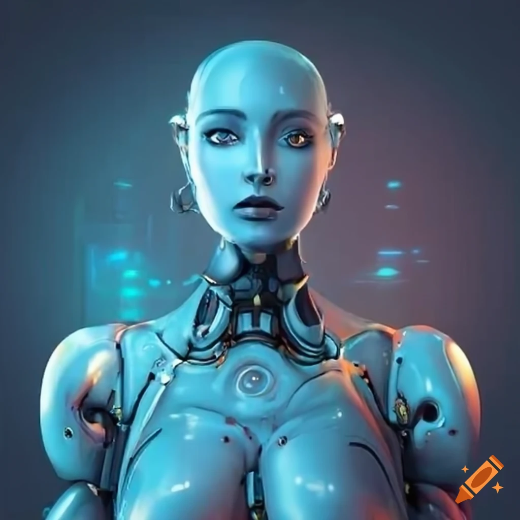 Beautiful Aphrodite robot in a bright sci-fi city