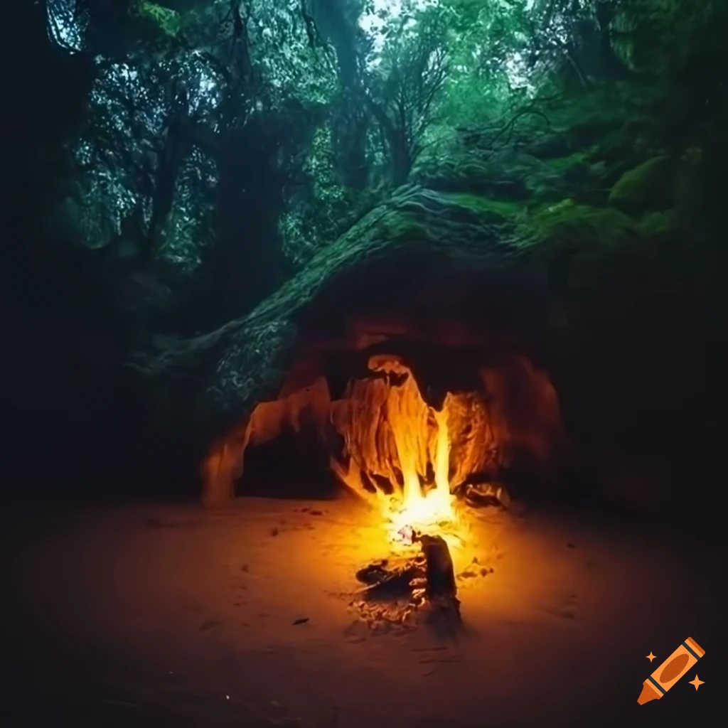 Cave in a jungle at night with a small bonfire on Craiyon