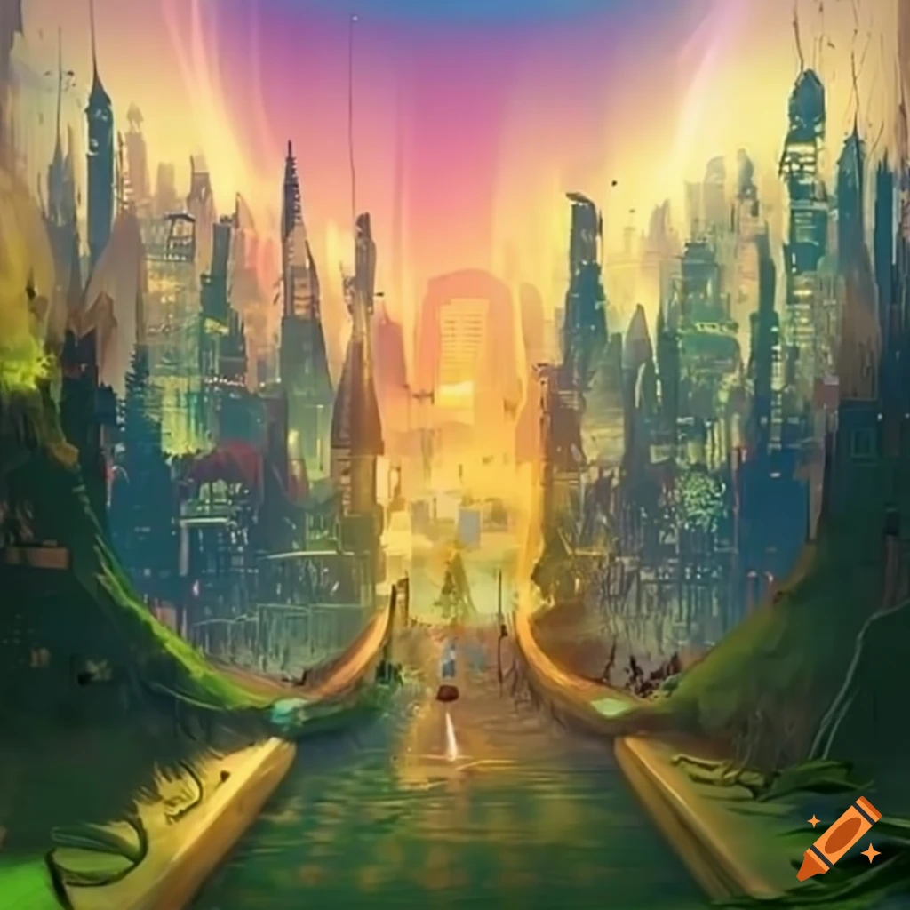 Bright city of elves with futuristic elements in the forest on Craiyon
