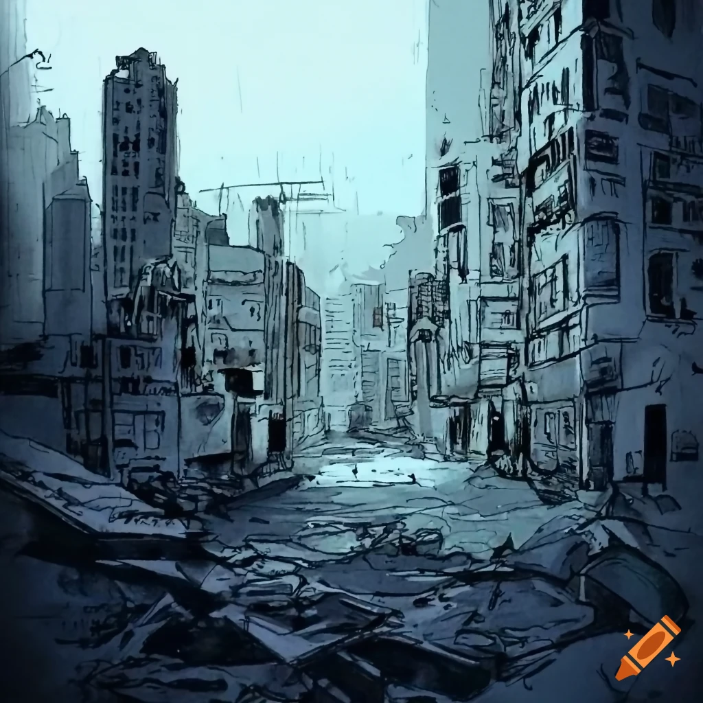 Post-apocalyptic scene of a destroyed city in america on Craiyon