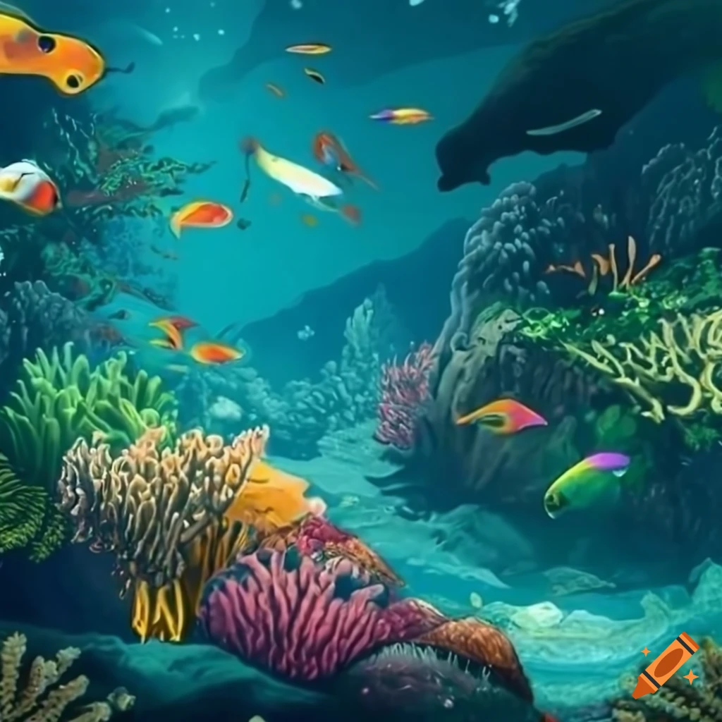 Enchanted underwater realm with vibrant fish and intricate coral in a
