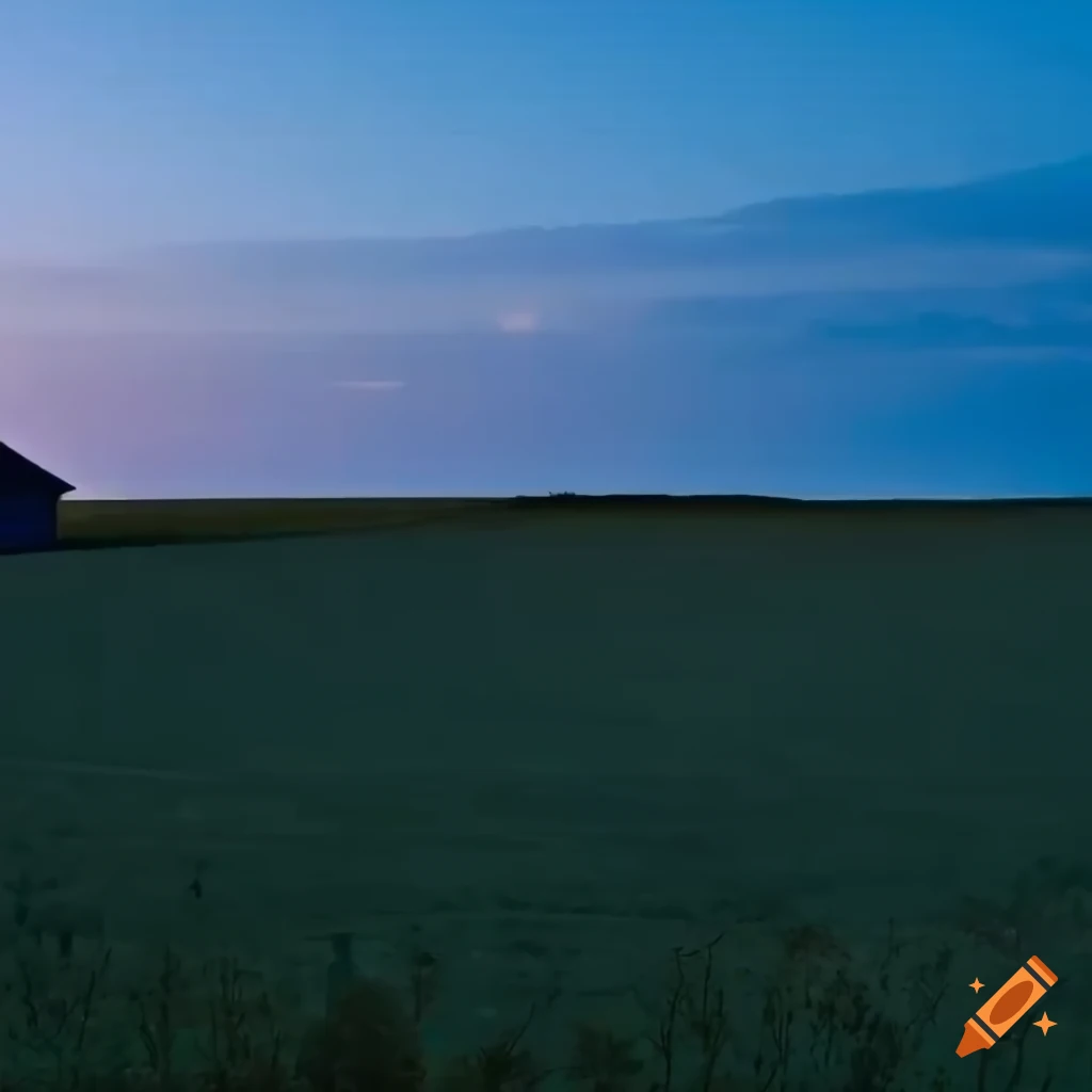 Warm evening landscape with small houses against a navy blue sky