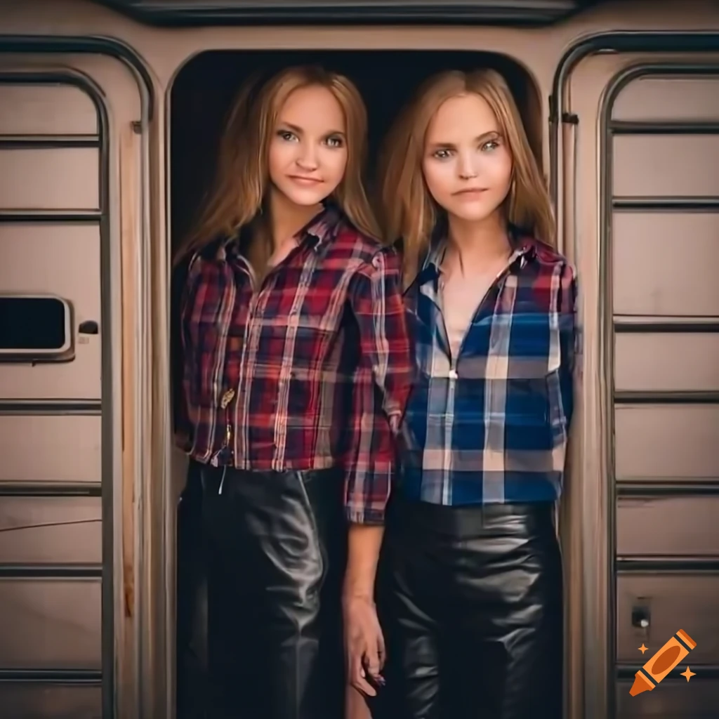 Irimia twins in country plaid shirts and high-waist black leather trousers standing in caravan doorway