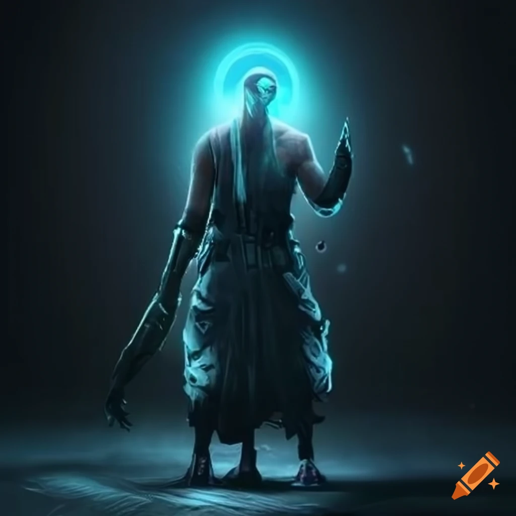 Cyberpunk sci-fi monk with glowing eyes and nimbus light