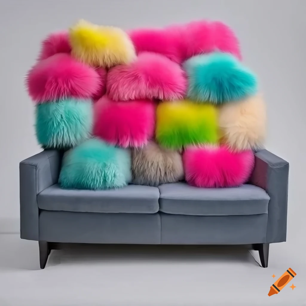 Postmodern geometric sofa with colorful fluffy pillows on Craiyon
