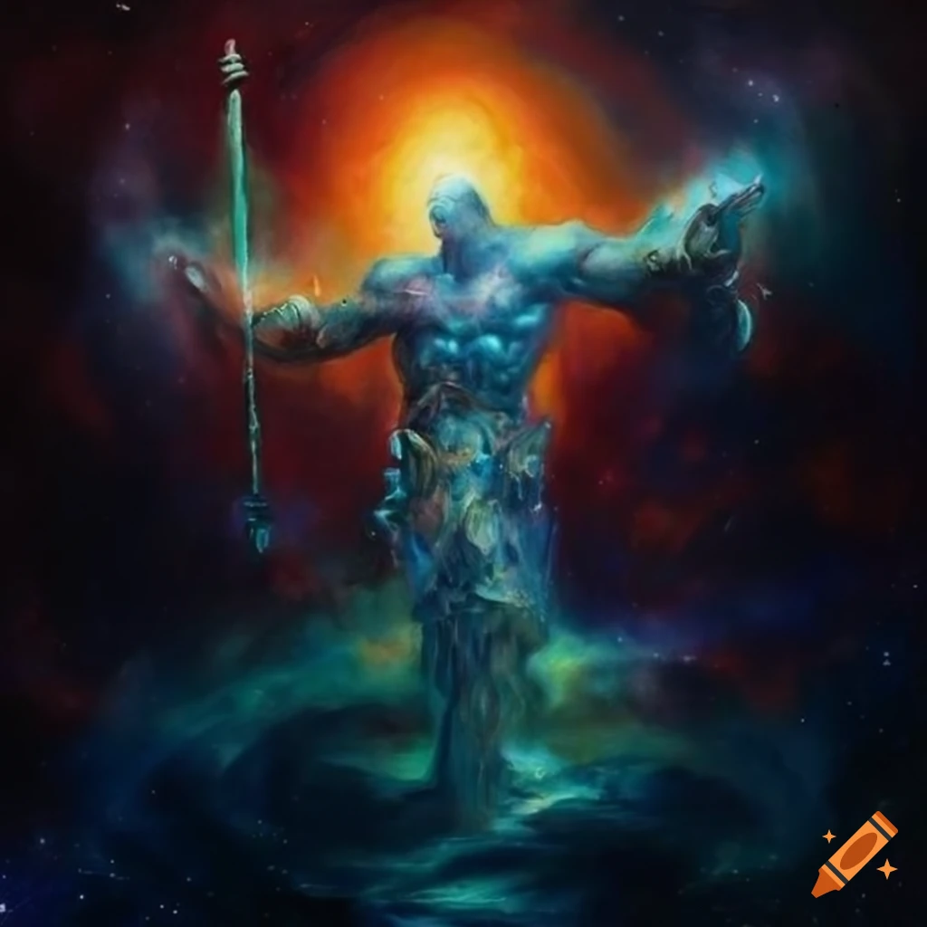 Highly detailed oil painting of an elemental man with a powerful lance in a cosmic background