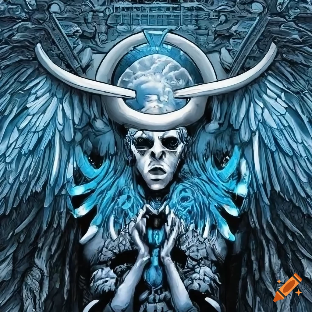 Black and white neon blue horned angel apostle with a male face in