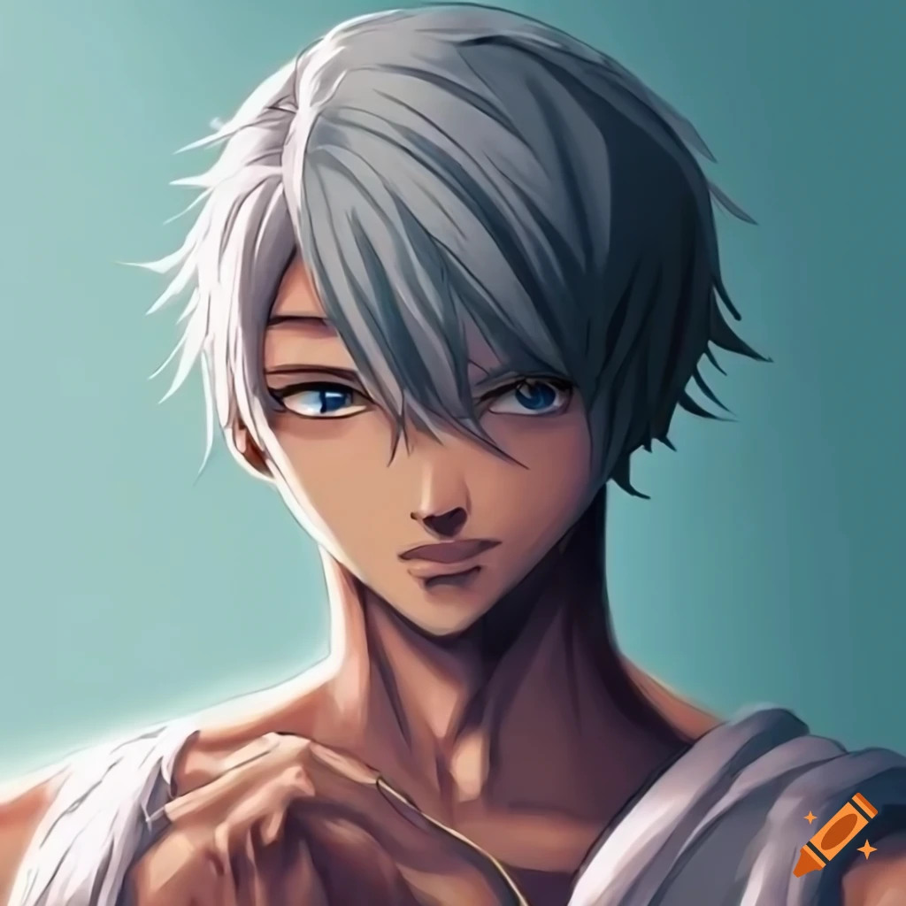 Anime man with shaking fist, short gray hair, dark skin color, and muscular build