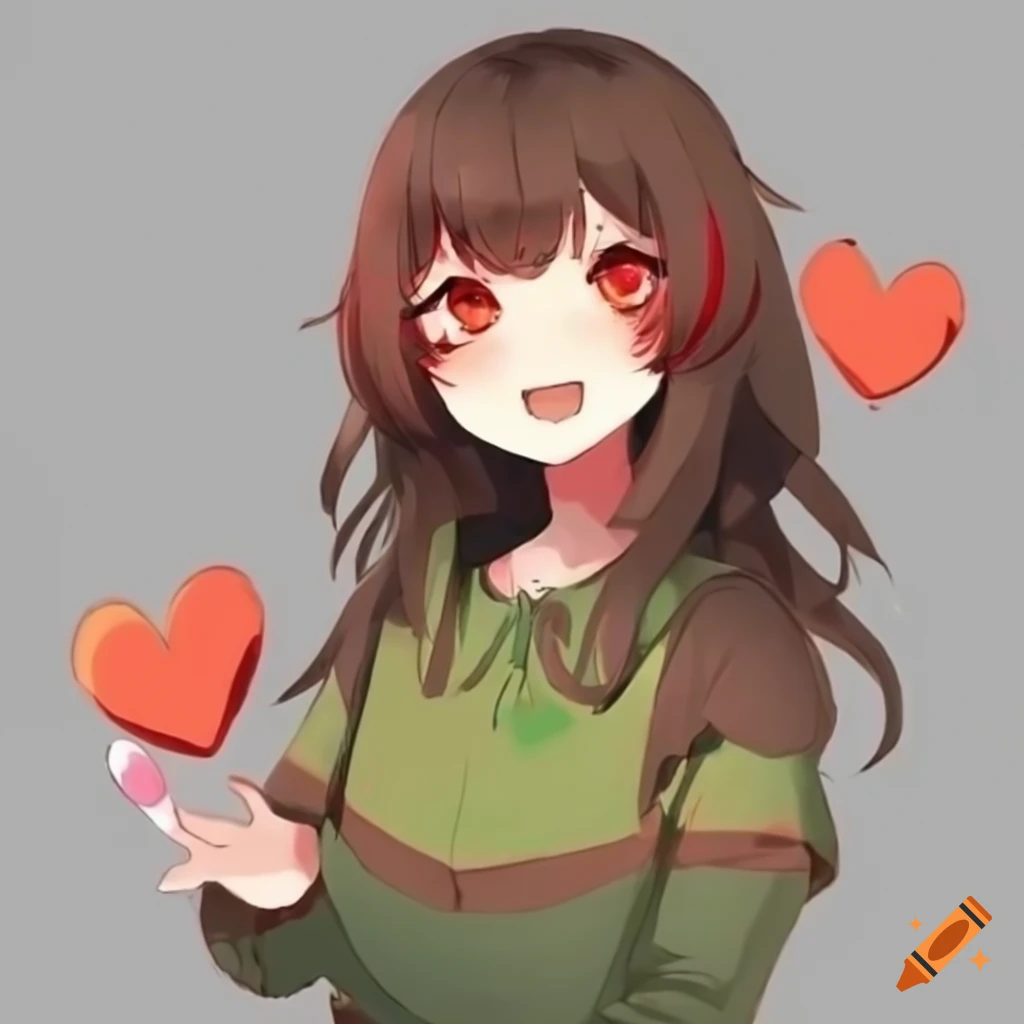 Playful and adorable Chara in cute costume with red to orange eyes and long dark brown hair