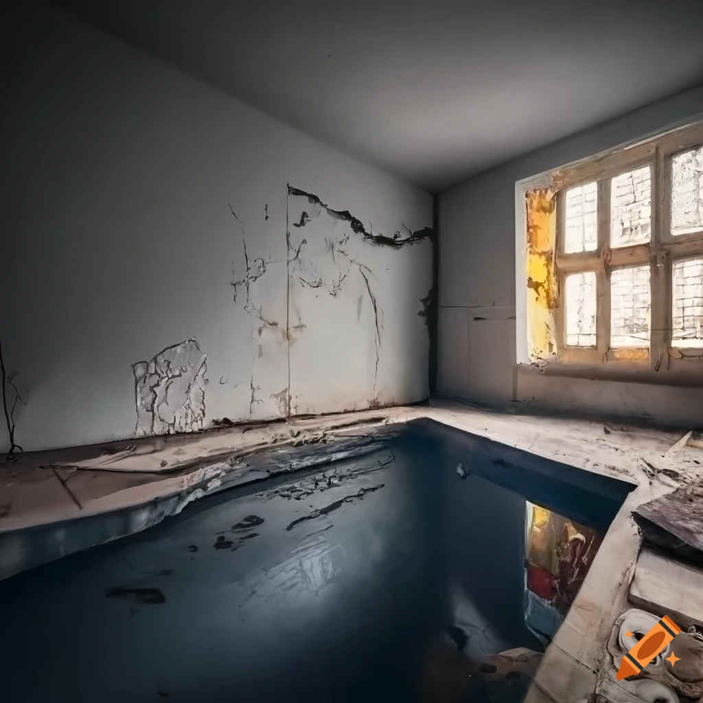 Abandoned laundry room with black swimming pool and peeling paint under