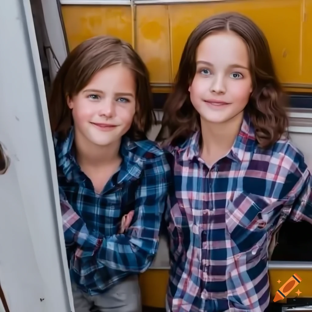 Irimia twins in country plaid shirt and high waist black leather trousers standing in caravan doorway