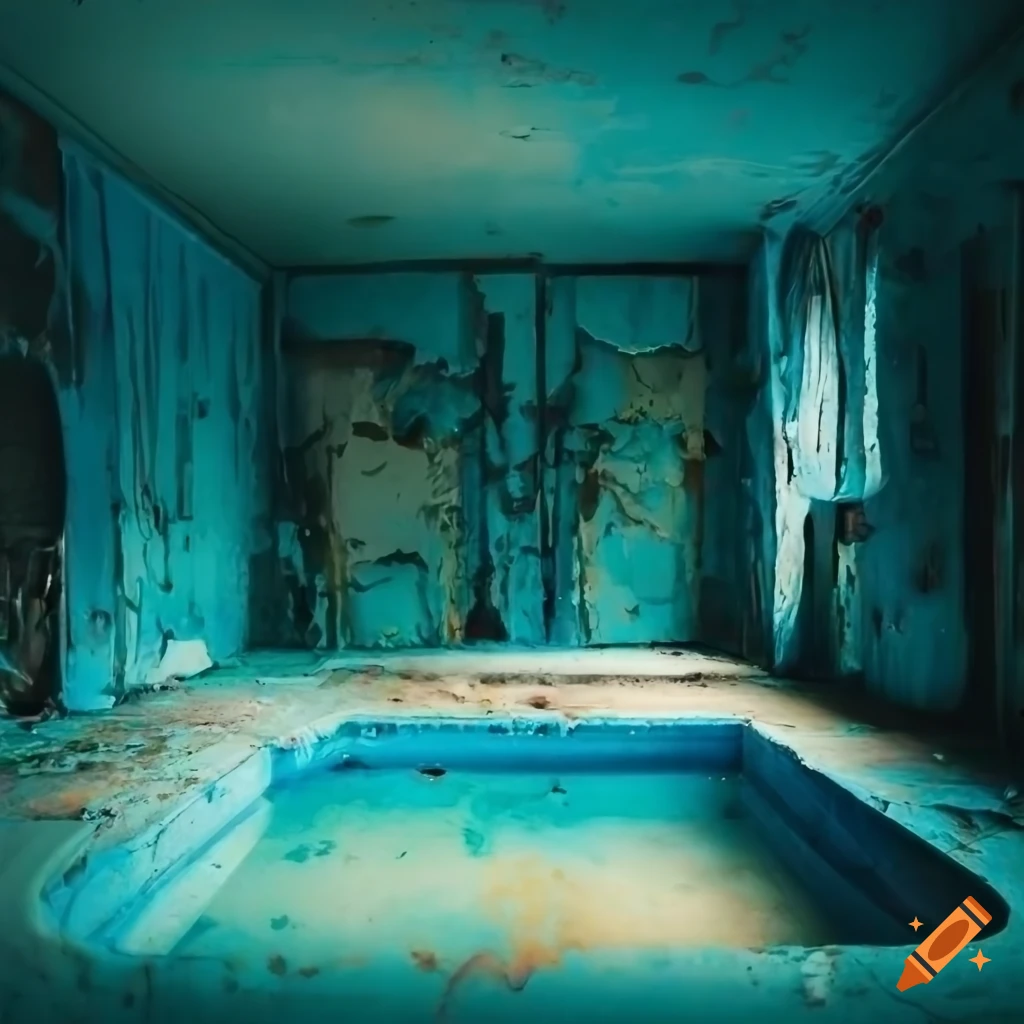 Abandoned laundry room mixed with murky swimming pool with peeling