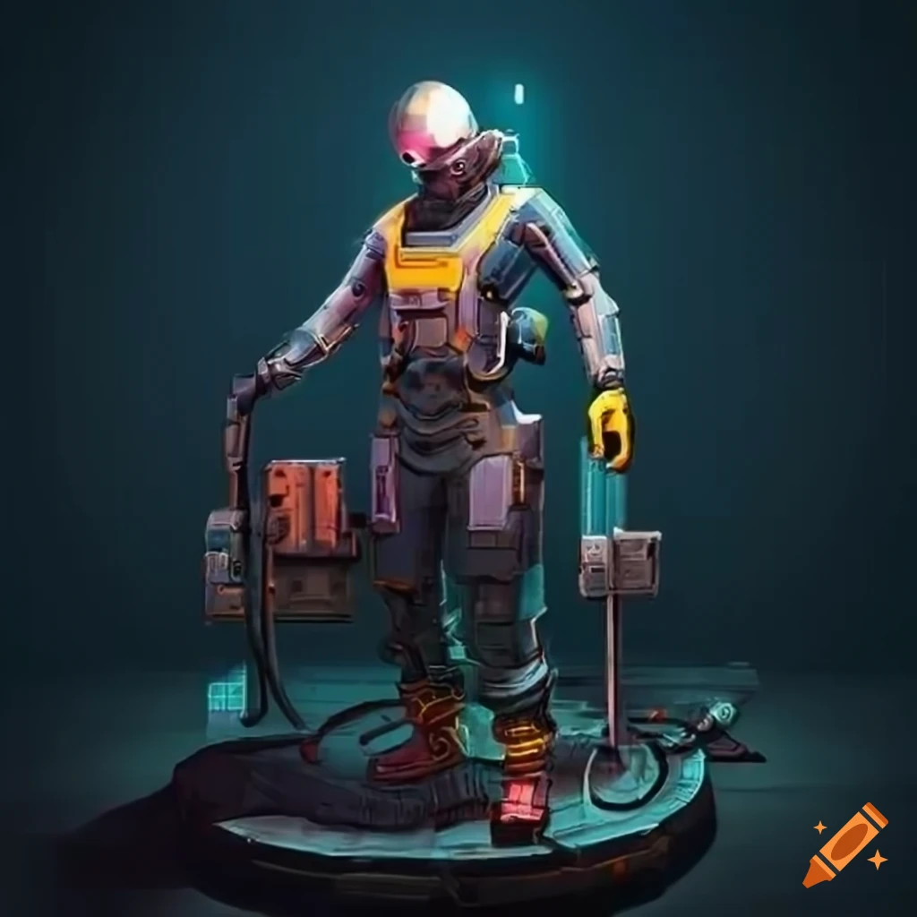 Sci-fi cyberpunk engineer mechanic performing full body repair
