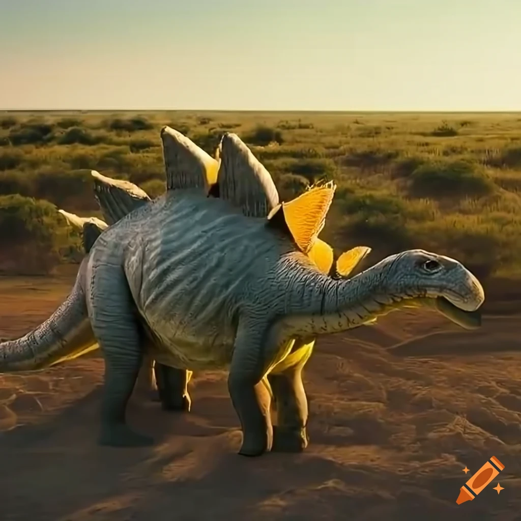 Stegosaurus with a lizard-like color pattern in a savannah landscape