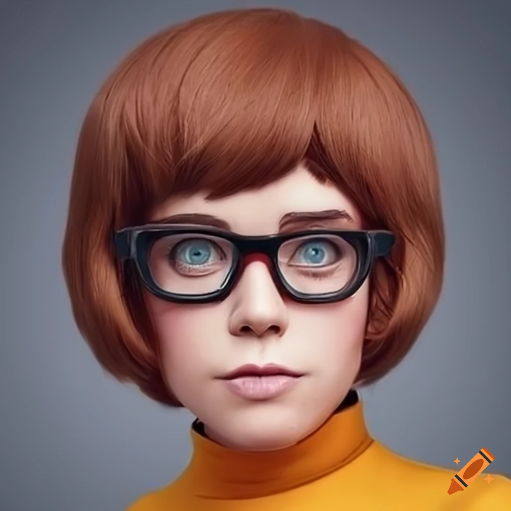 Photo realistic cosplay of velma dinkley with bobbed brown hair, brown ...