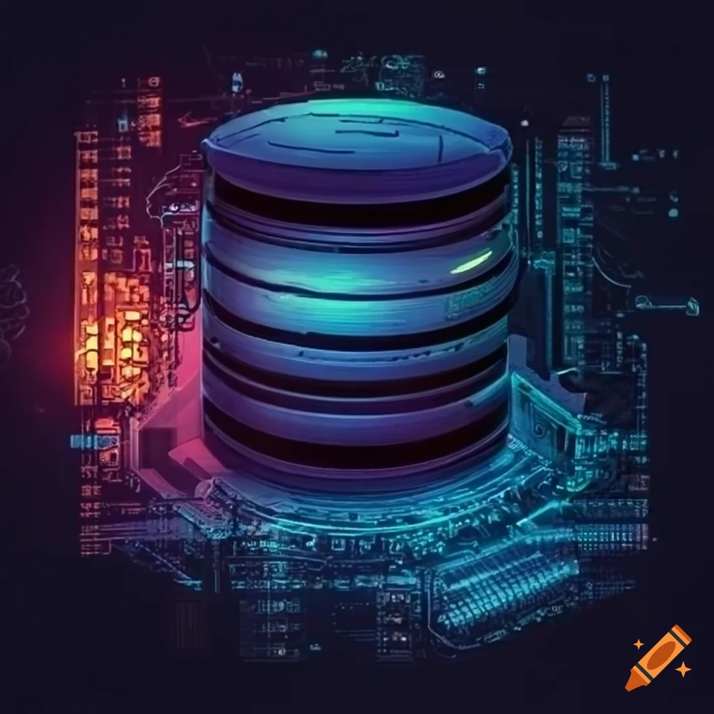 Database server surrounded by schematic data flow on Craiyon