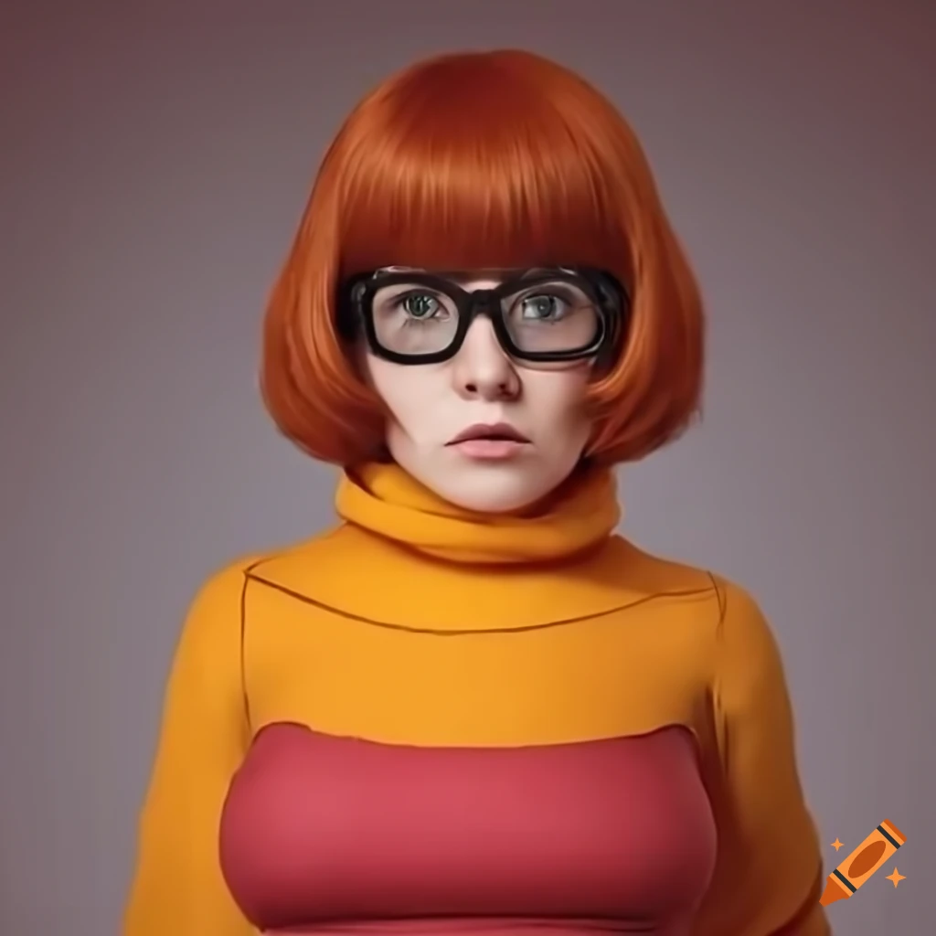 Redhead Velma Dinkley Cosplay With Symmetrical Face Freckles And Bobbed Hair On Craiyon