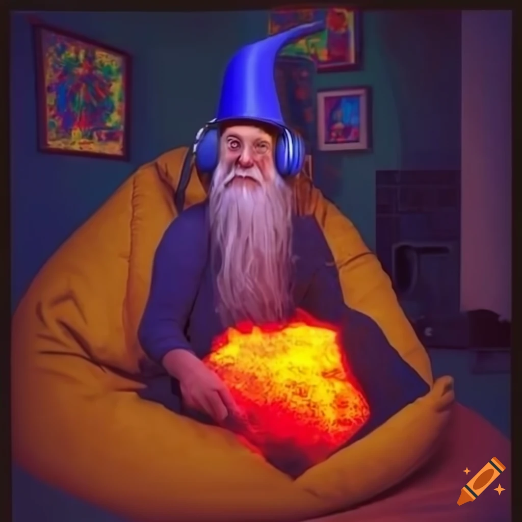 Wizard with headphones in psychedelic room with lava lamp on Craiyon