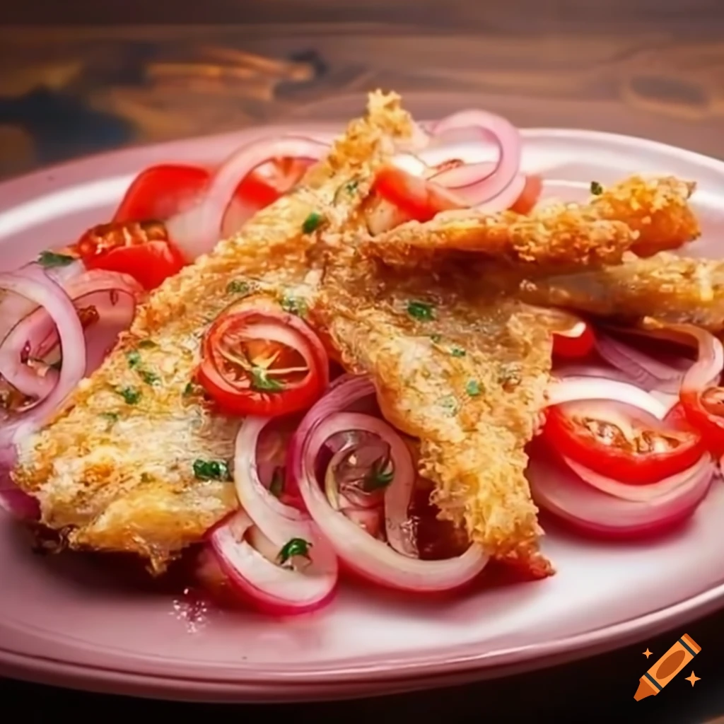 Delicious fried salt fish with onions, pepper, and tomatoes on Craiyon