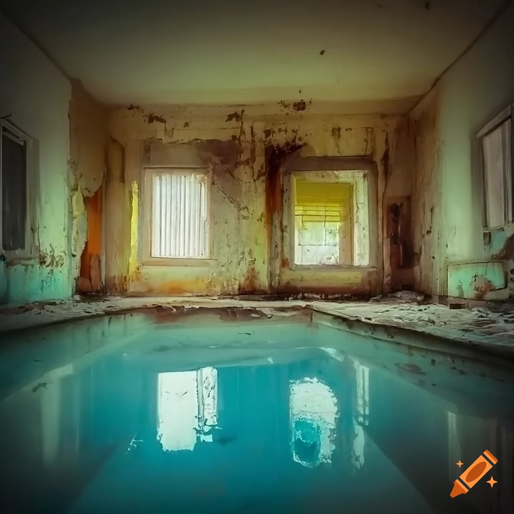 Abandoned laundry room mixed with murky swimming pool with peeling