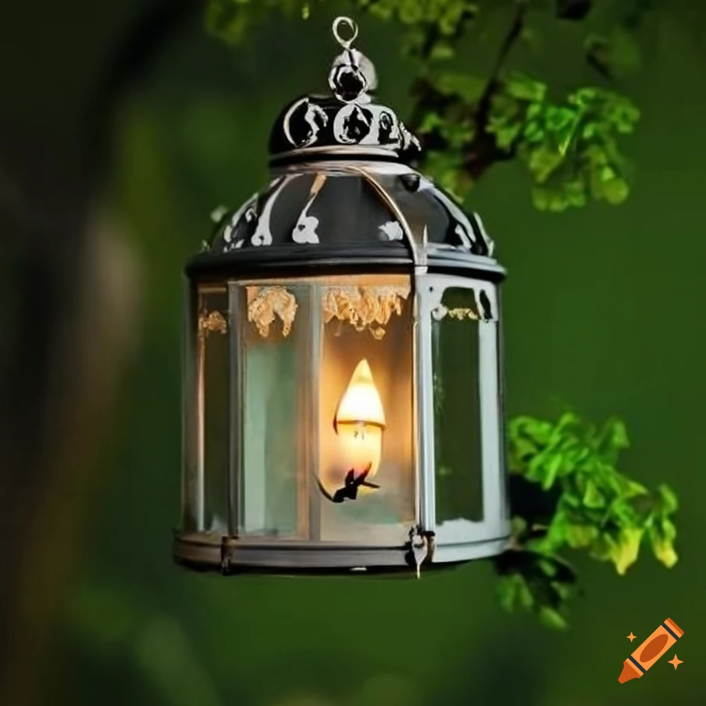 Victorian iron lantern with candlelight hanging in a green tree
