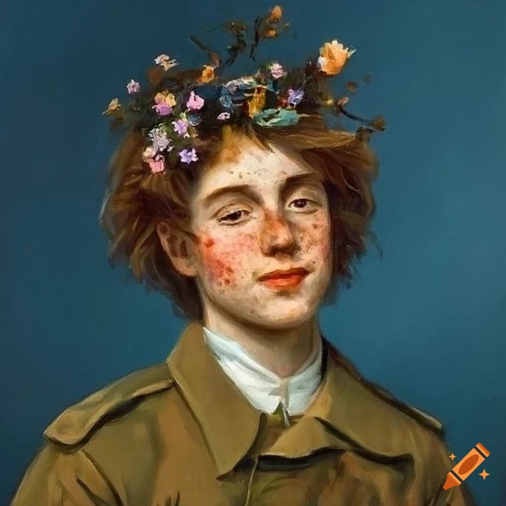 Smiling young man in army clothes with flowers in hair, 1900's oil