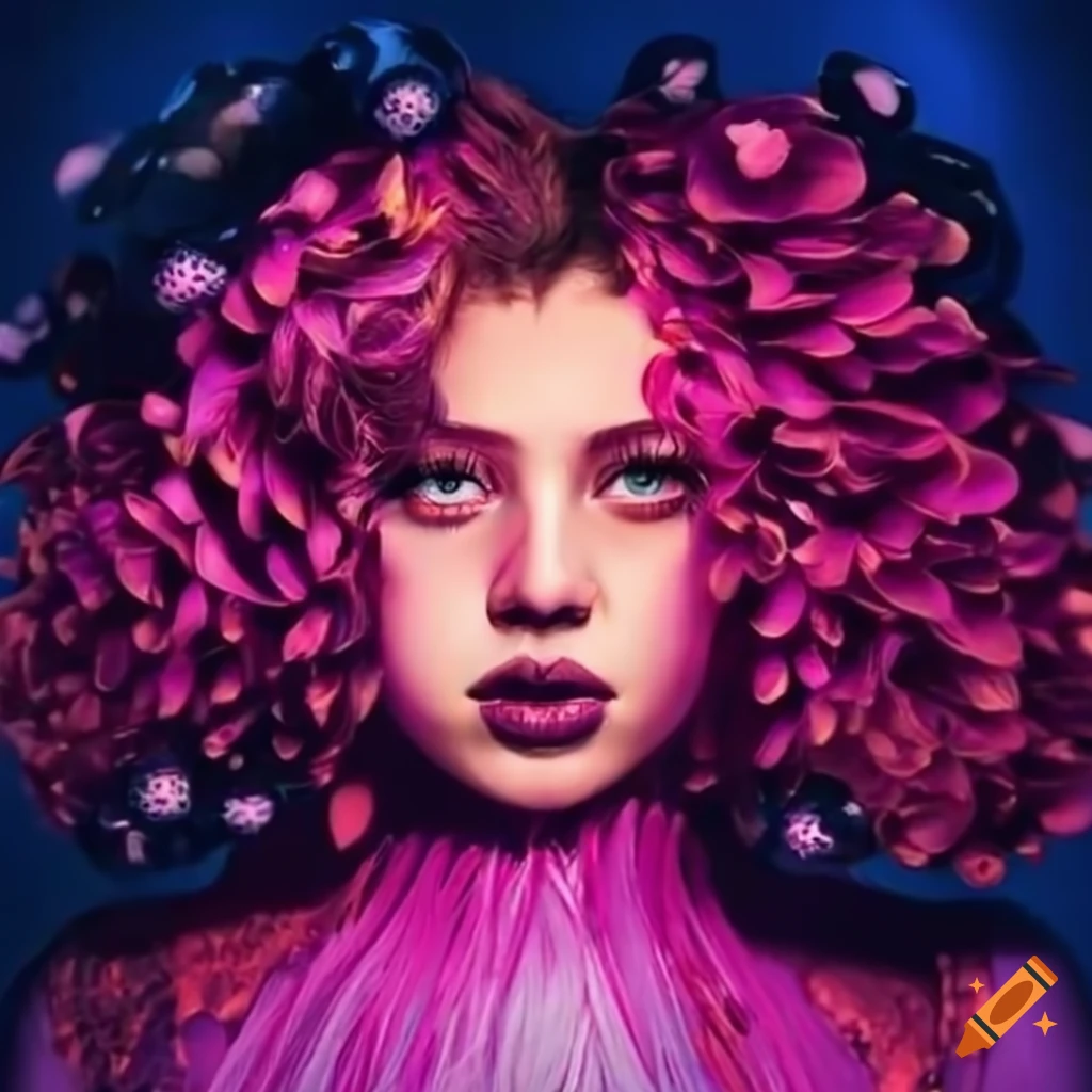 Sapphire girl with dahlia hair and melting polka dots in pop culture