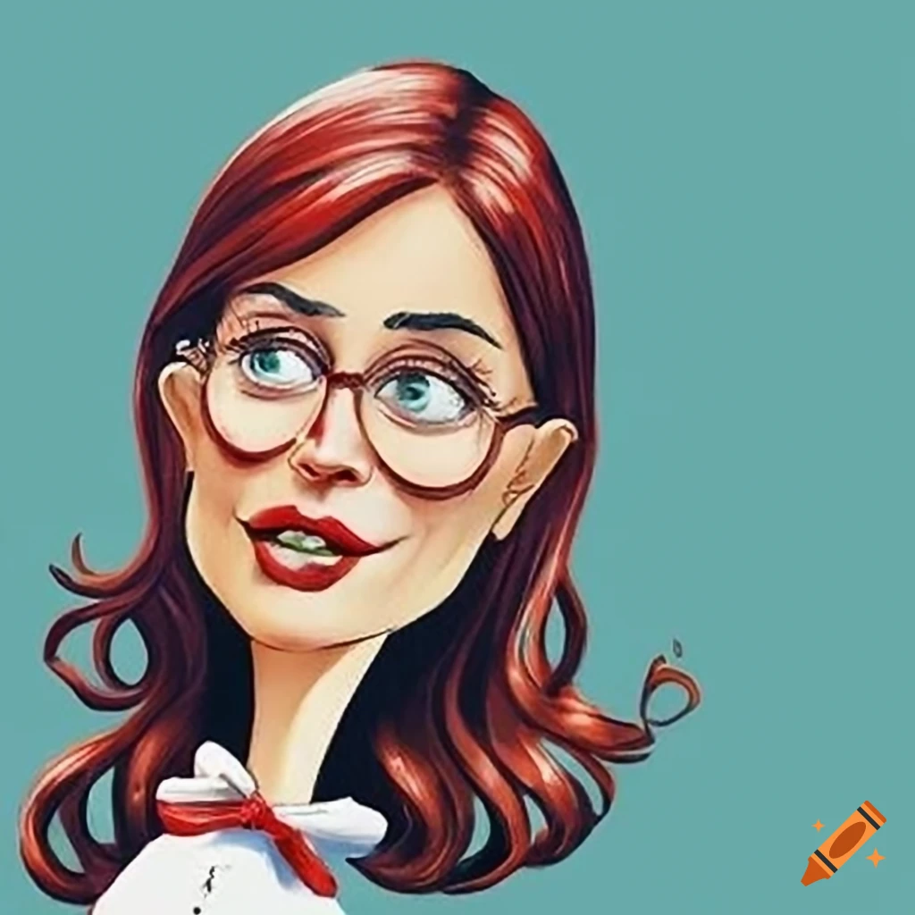 Colorful humorous book illustration of a beautiful young woman in a whimsical style