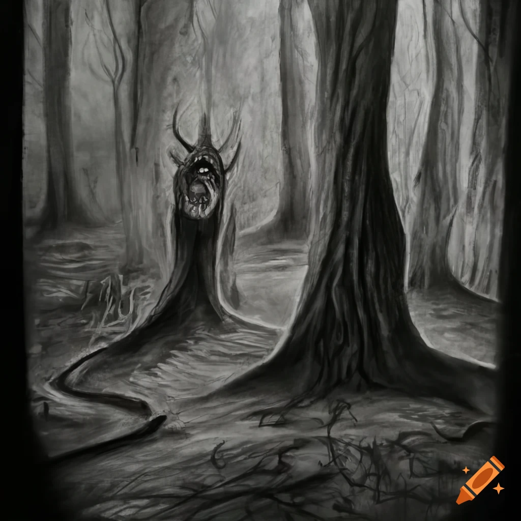 Charcoal drawing of mysterious and dark woods on Craiyon