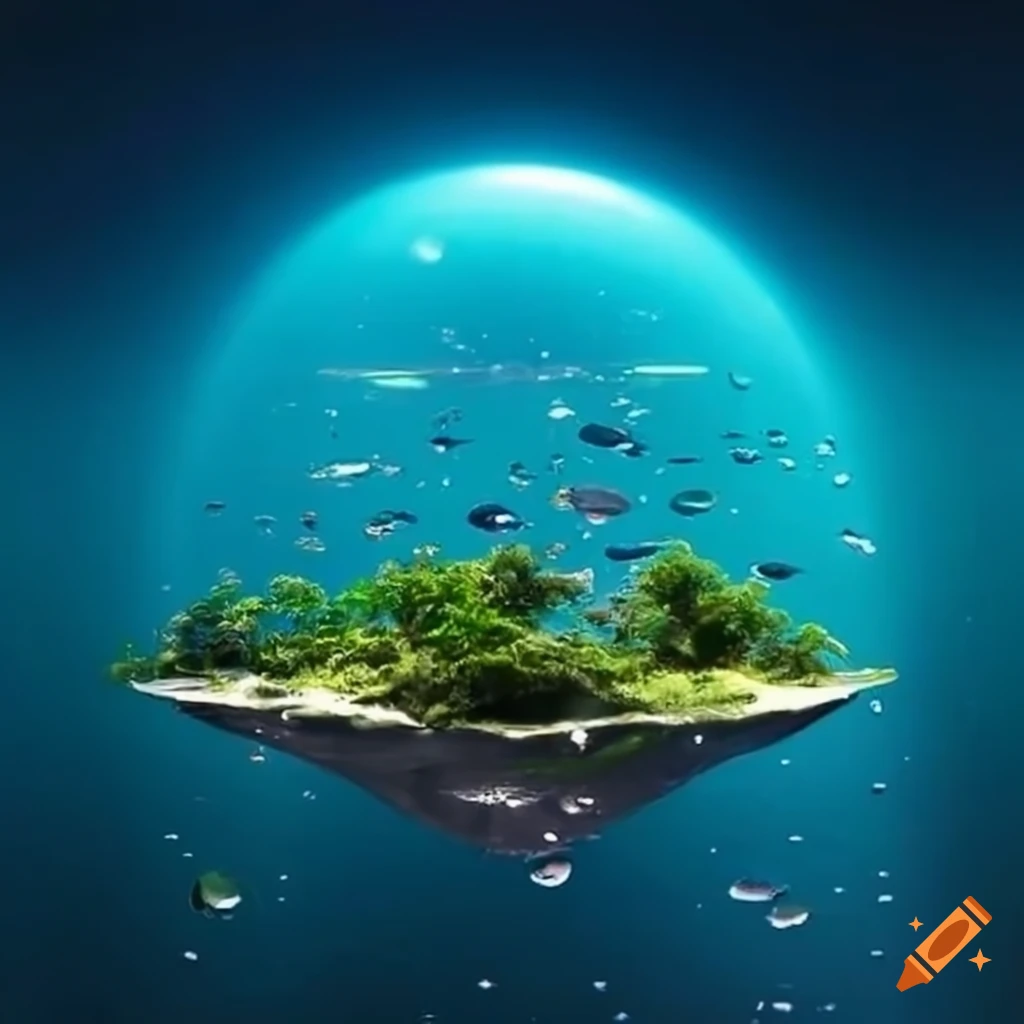 Vibrant floating islands suspended in a radiant water droplet on Craiyon