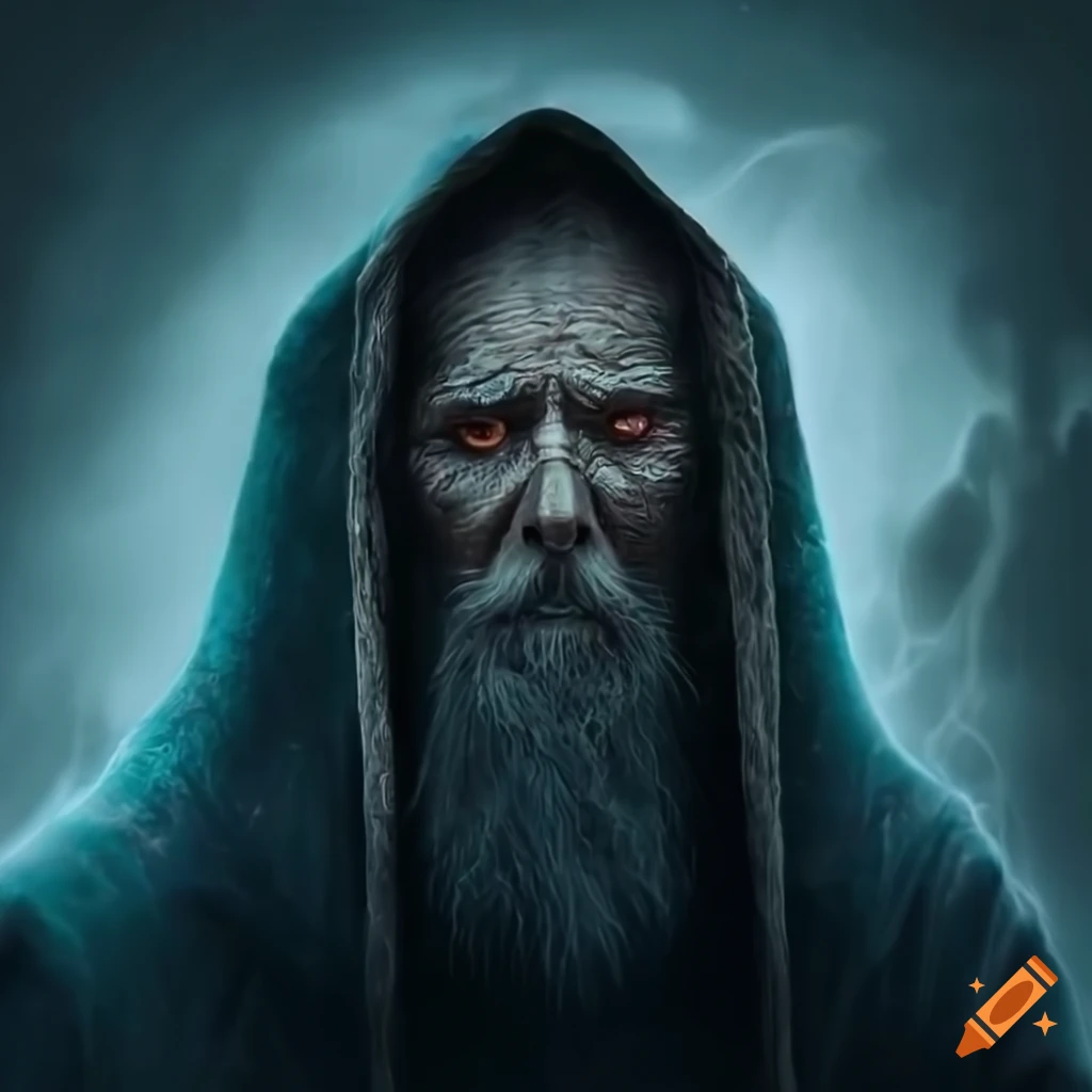 Realistic character portrait of an old sorcerer harnessing storm energy on a perilous cliff