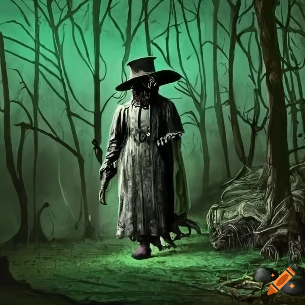 Plague doctor walking in a green wooded setting with a retro record player