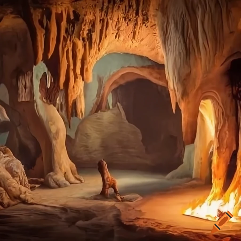 Prehistoric cavern with dinosaur paintings, fur beds, and cozy fire
