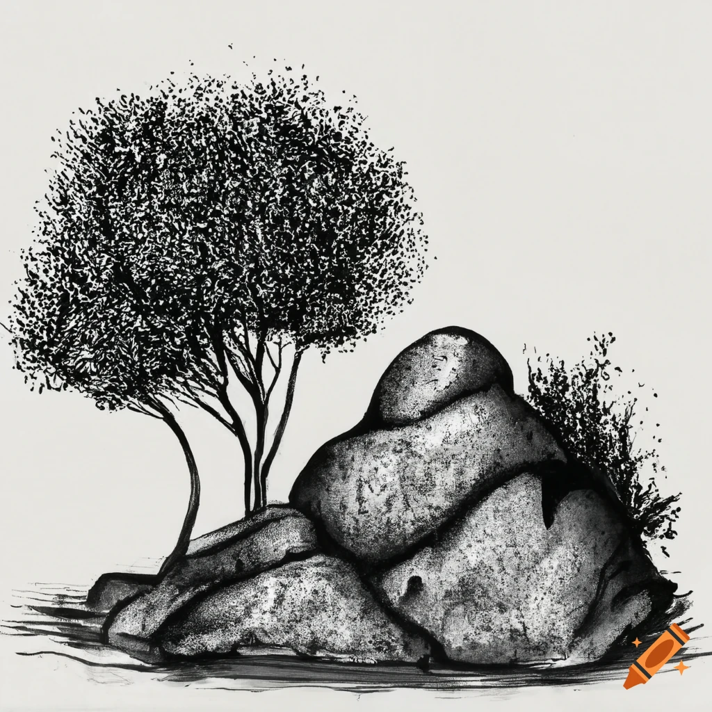 Monochromatic ink drawing of rocky ground with bushes on white background on Craiyon