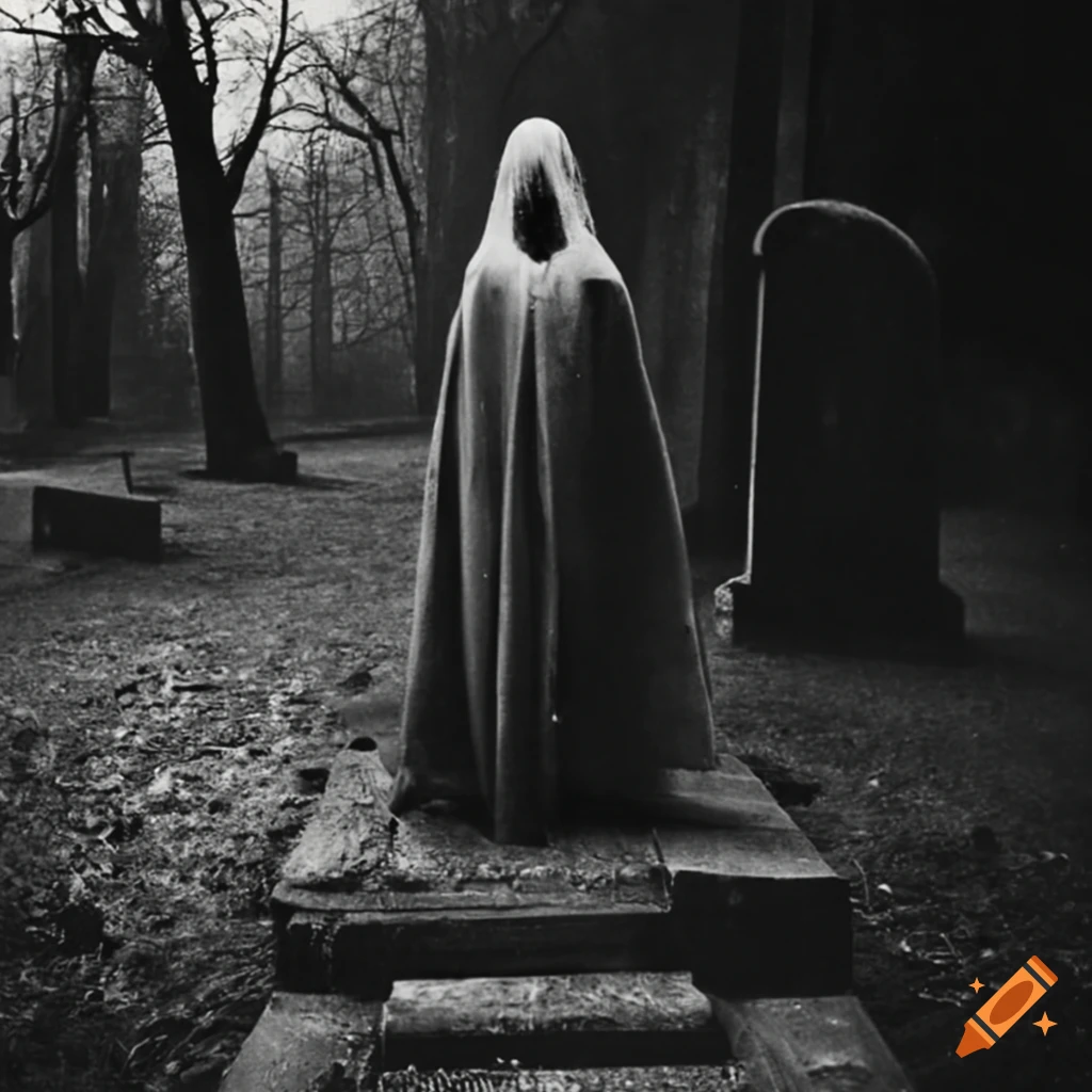 Vintage photograph of a ghost in a graveyard