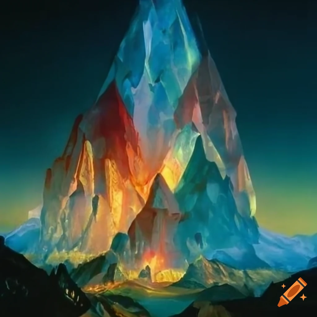 70's fantasy art of crystal spires and towers on a mountain