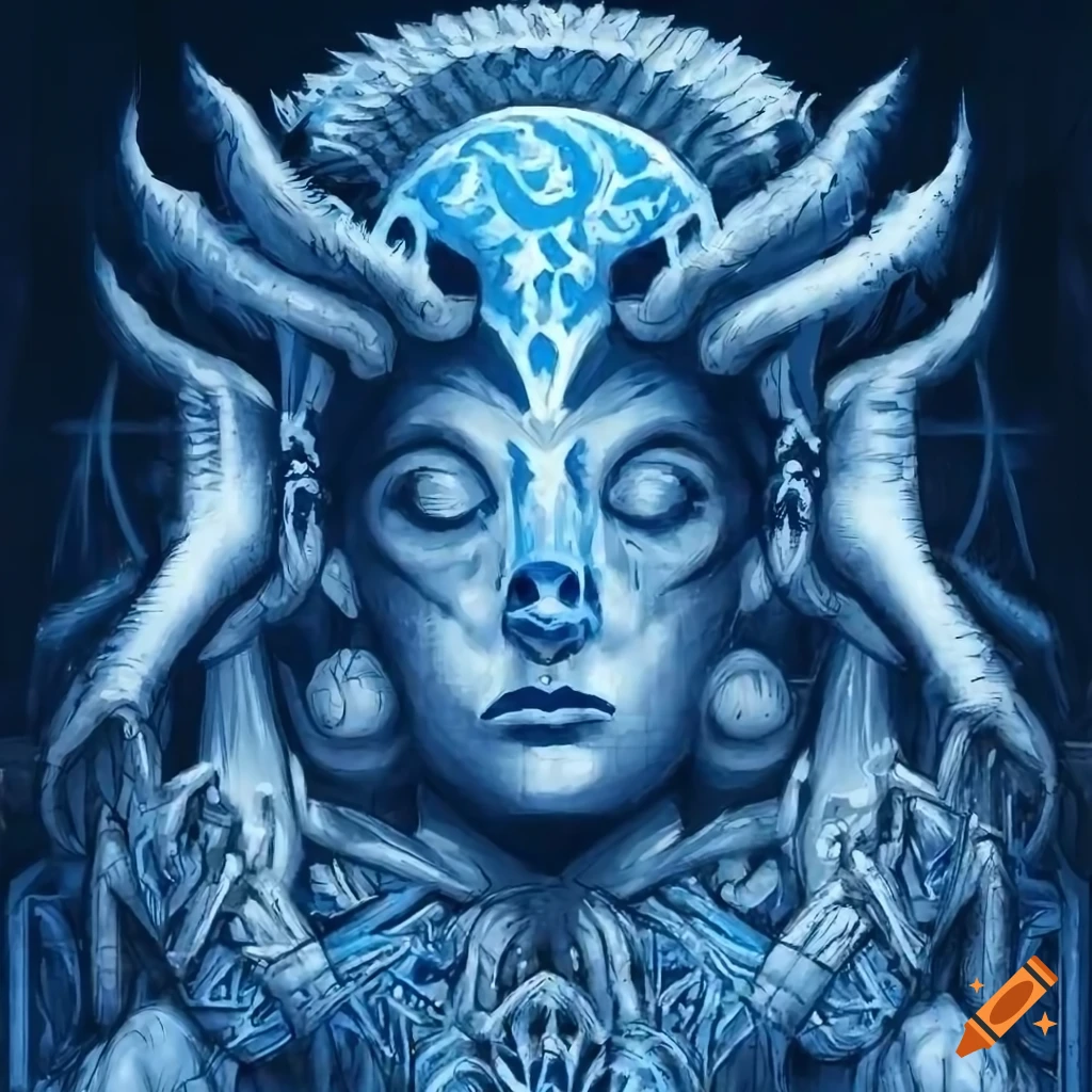 Demonic angel apostle with a beautiful female face in white and neon blue