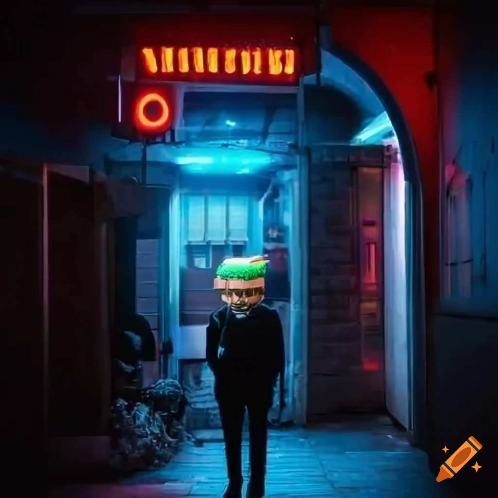 Futuristic detective with cake-shaped head in a neon-lit alleyway