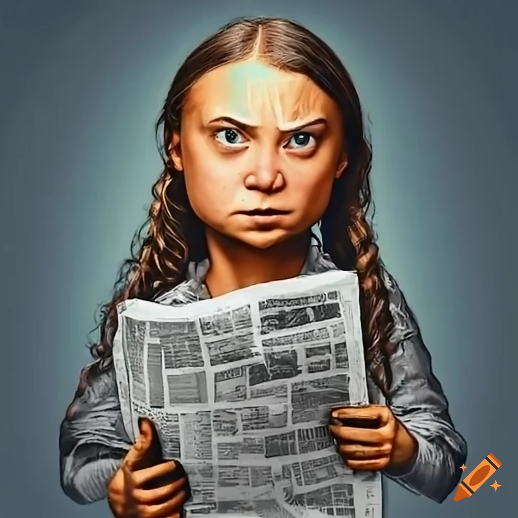 Activist Greta Thunberg reading newspaper with determination