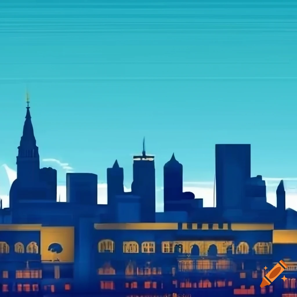 New orleans skyline with multiple trumpets in blue and gold on Craiyon