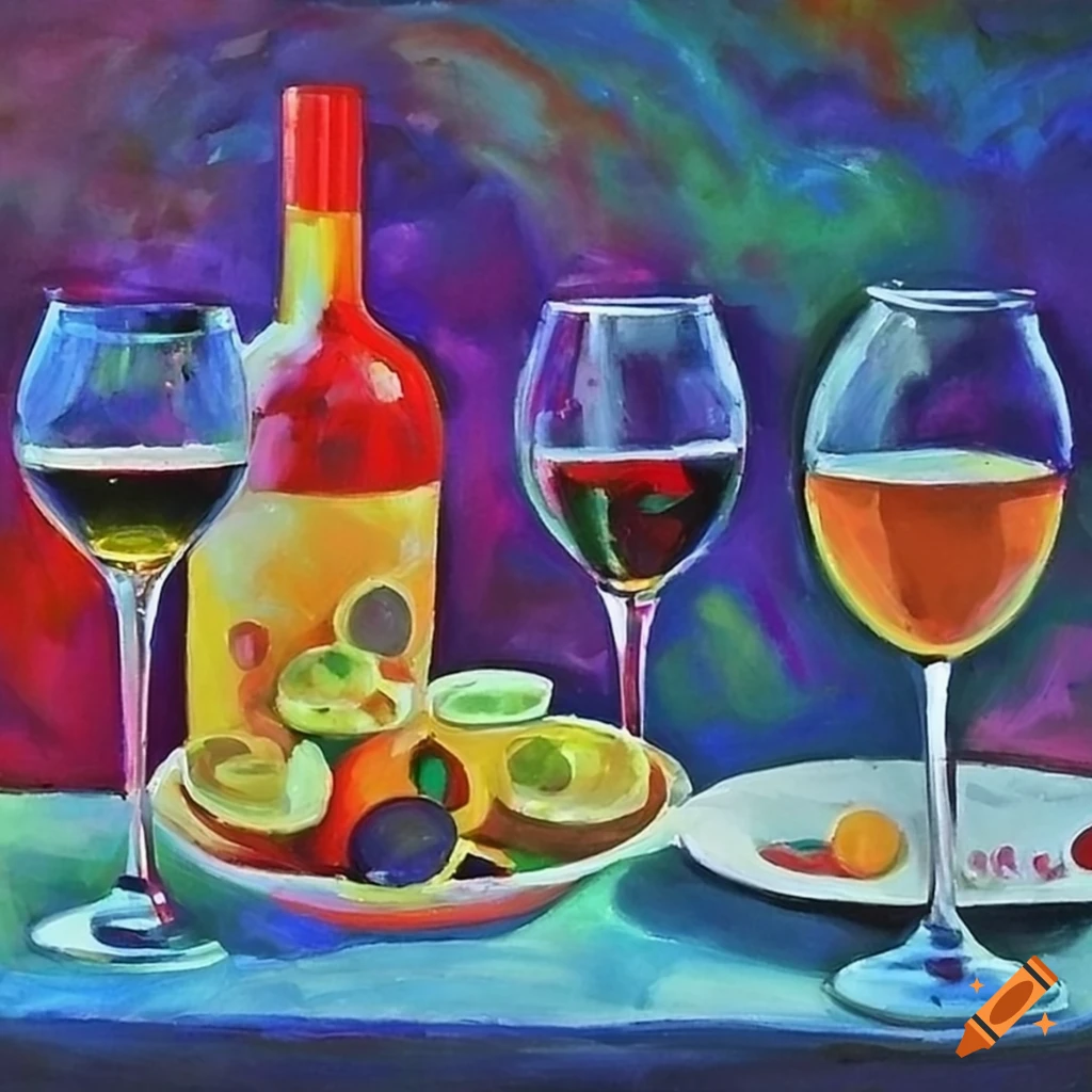 Colorful abstract painting of diner table with food and wine bottles on ...