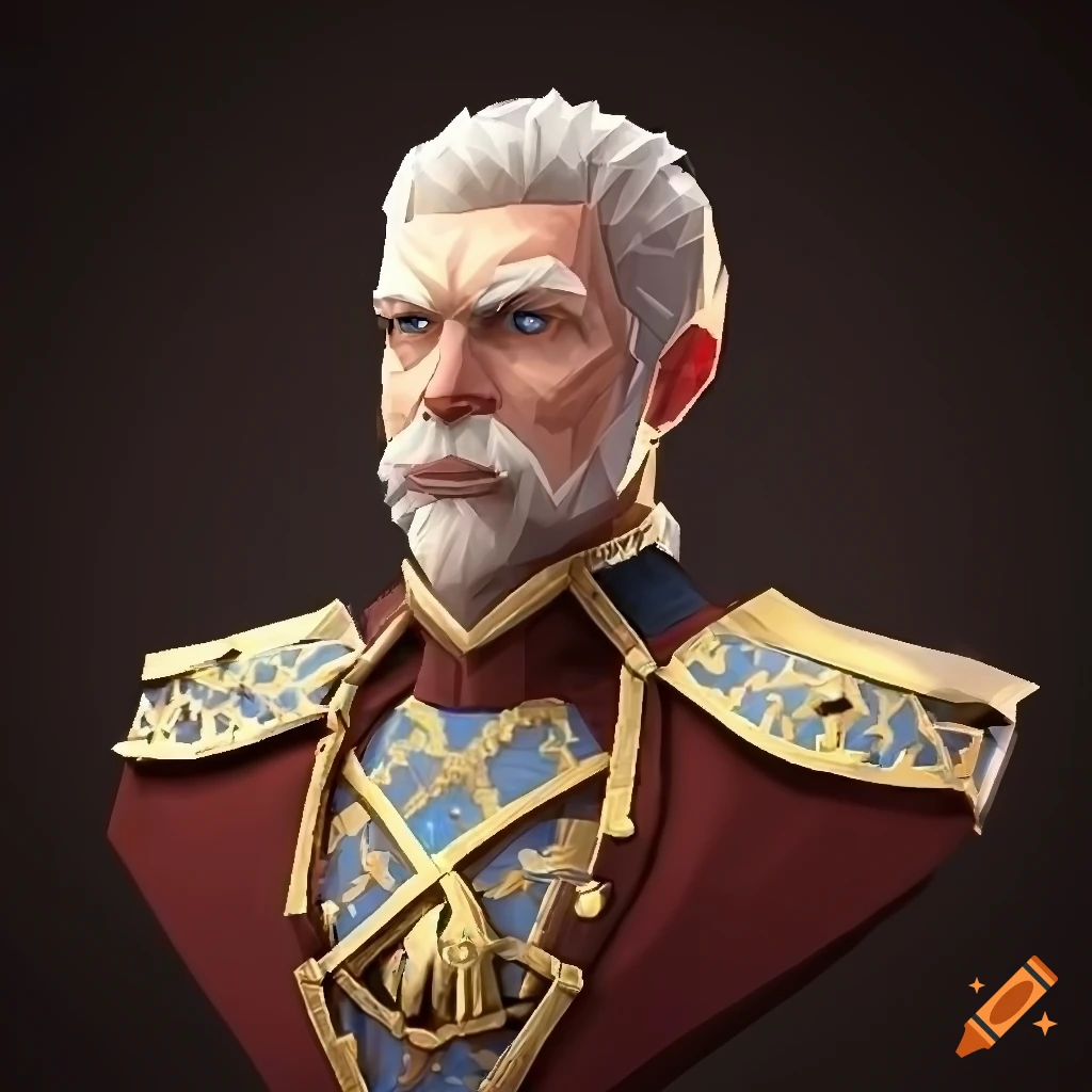 Middle aged king in admiral uniform with clear blue eyes in fantasy RPG style low-poly art