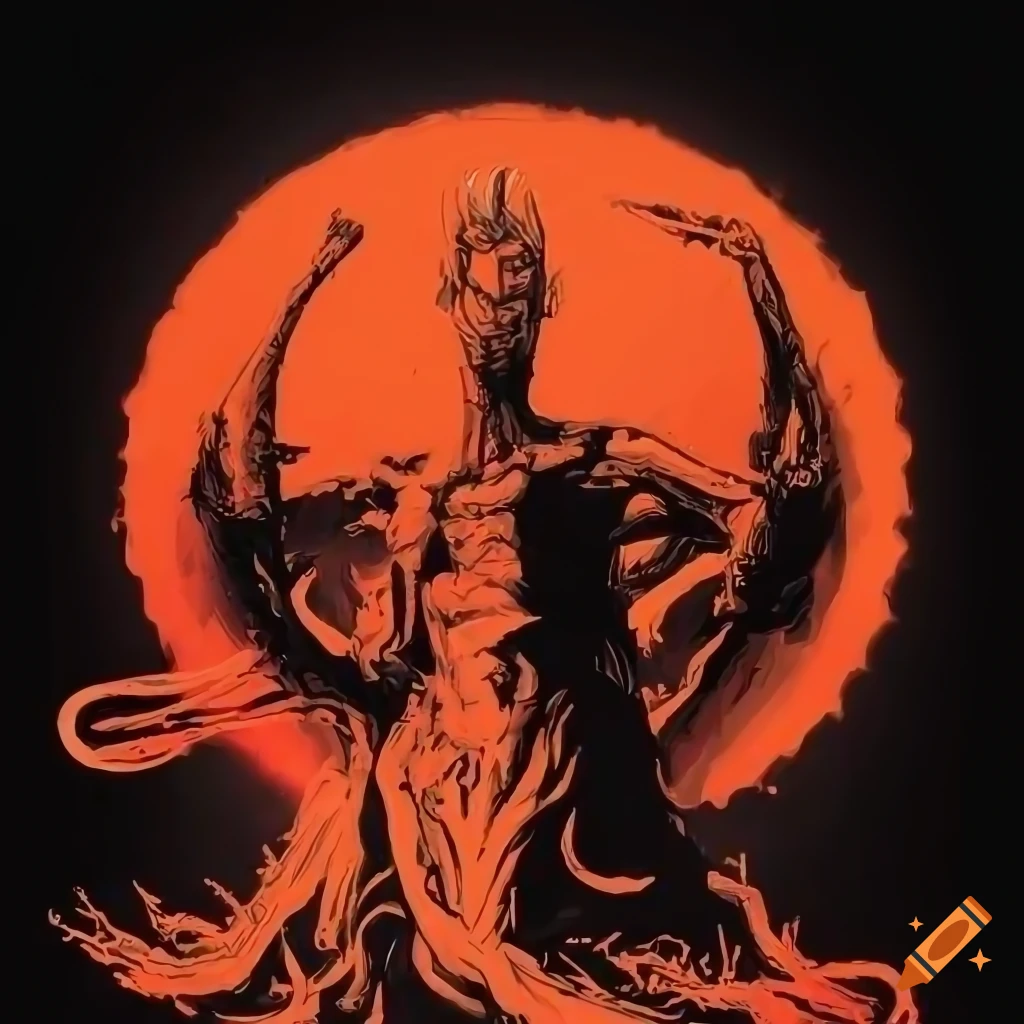Artistic composition with bright neon colors and demonic theme