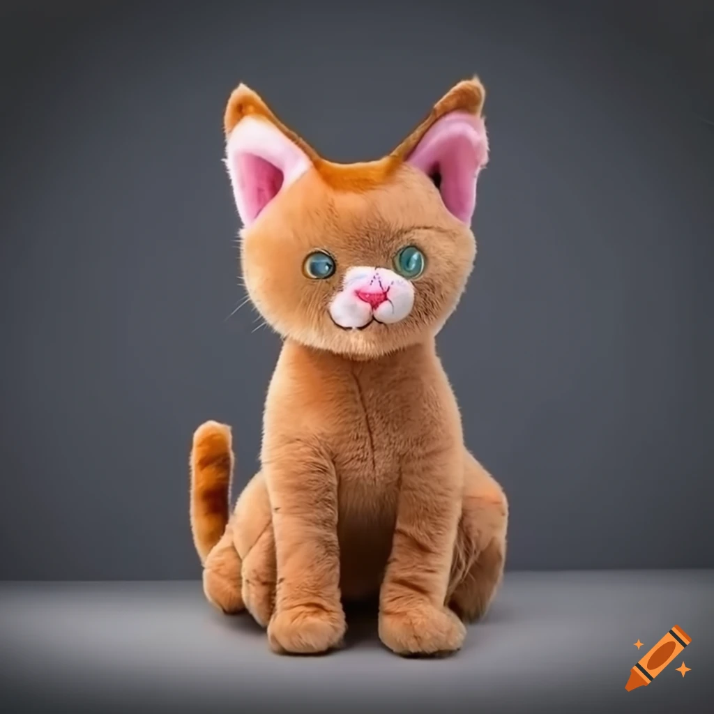 Stuffed toy brown cat with blue eyes and pointy ears in sitting position